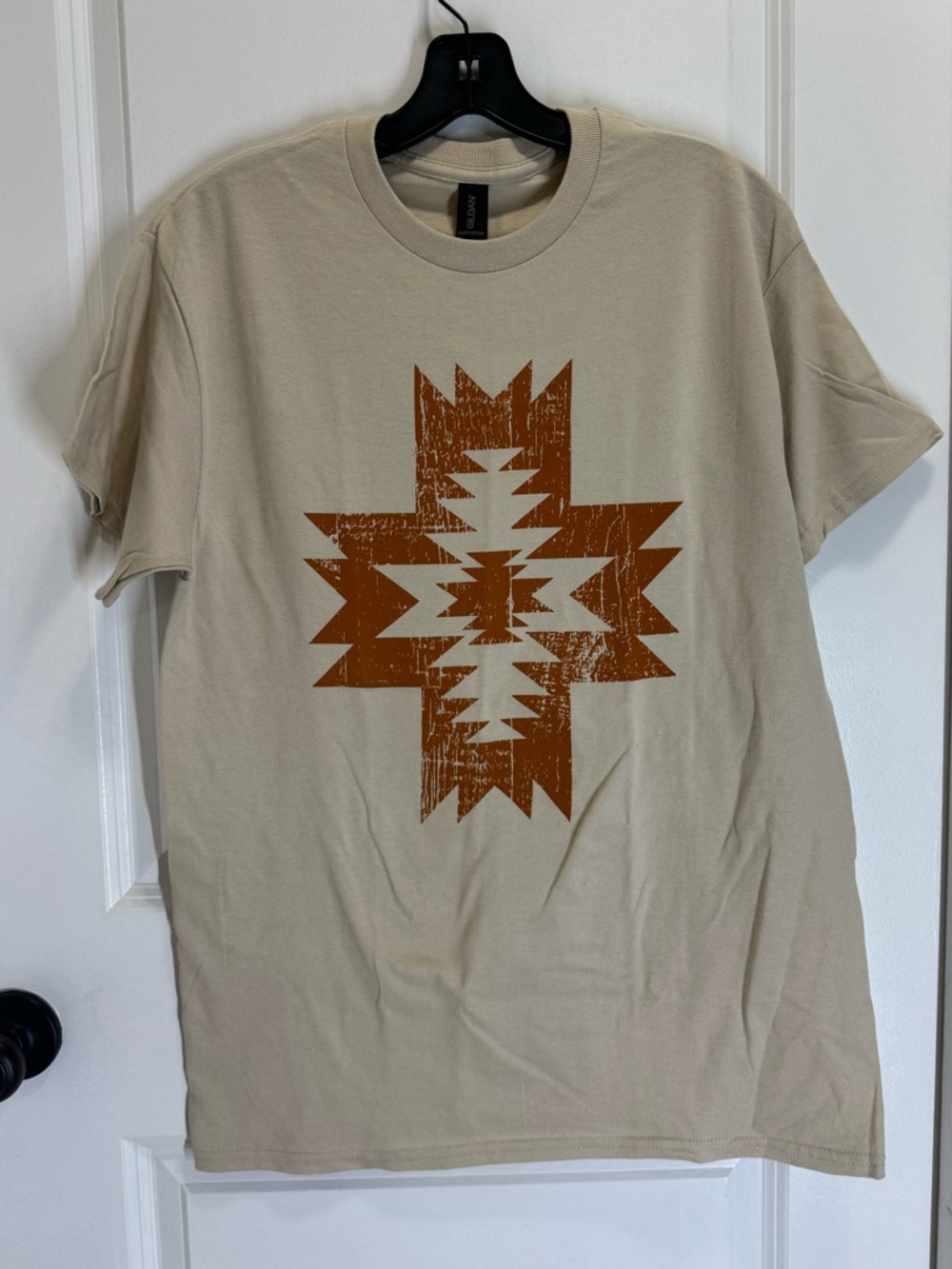 Beige Graphic Tee with Rust Aztec Print